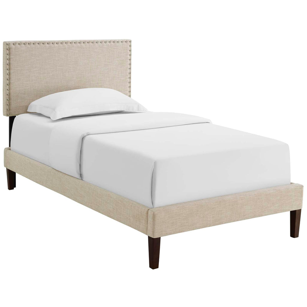 Macie Twin Fabric Platform Bed with Squared Tapered Legs in Beige