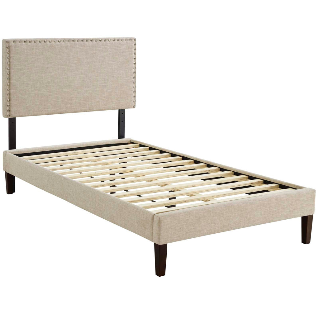 Macie Twin Fabric Platform Bed with Squared Tapered Legs in Beige