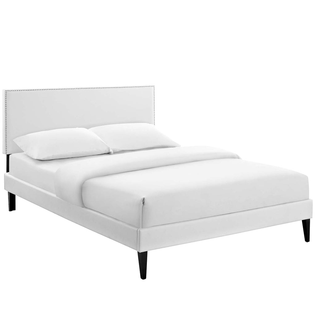 Macie King Vinyl Platform Bed with Squared Tapered Legs in White