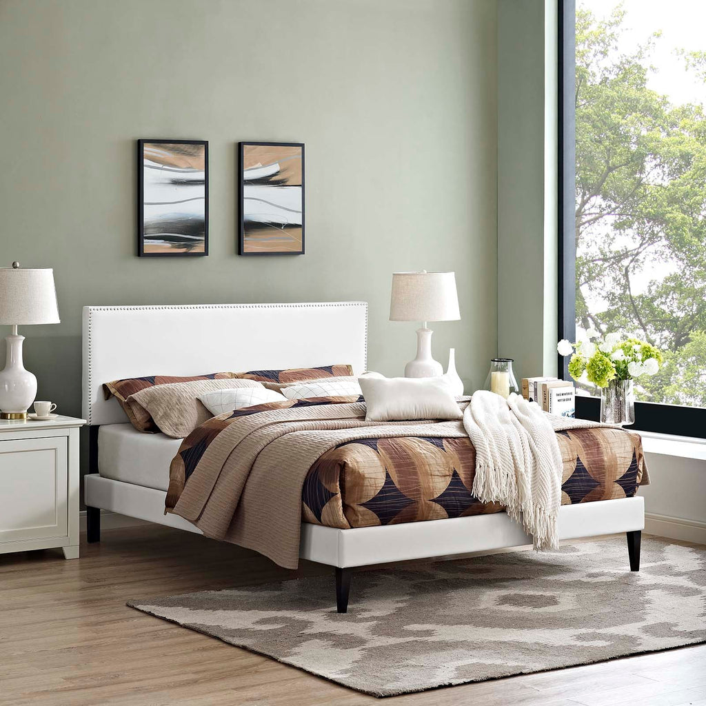 Macie King Vinyl Platform Bed with Squared Tapered Legs in White