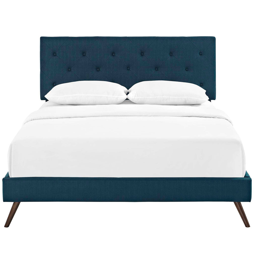 Tarah Queen Fabric Platform Bed with Round Splayed Legs in Azure