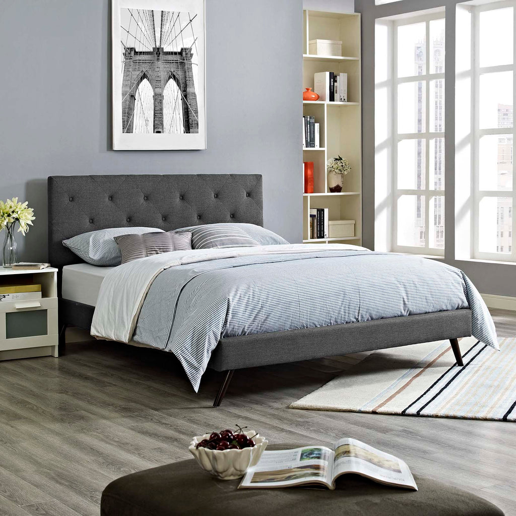 Tarah Queen Fabric Platform Bed with Round Splayed Legs in Gray