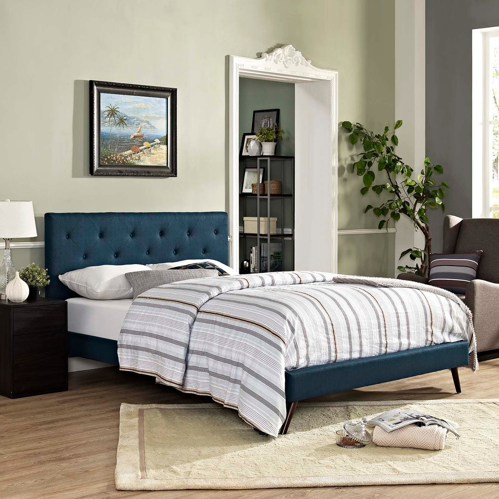 Tarah King Fabric Platform Bed with Round Splayed Legs in Azure