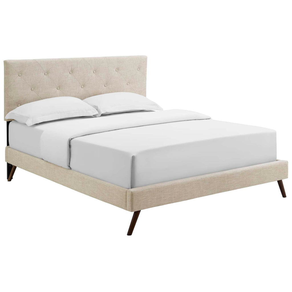 Tarah King Fabric Platform Bed with Round Splayed Legs in Beige