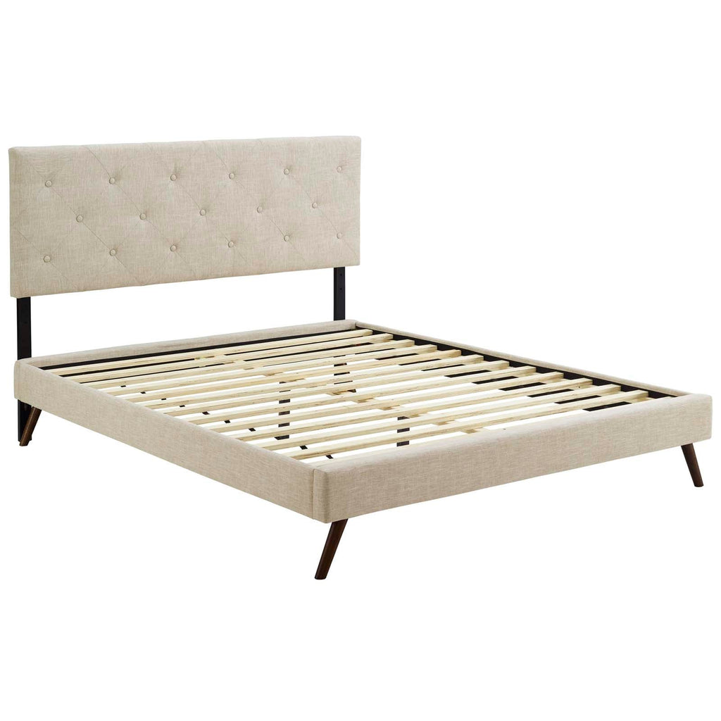 Tarah King Fabric Platform Bed with Round Splayed Legs in Beige