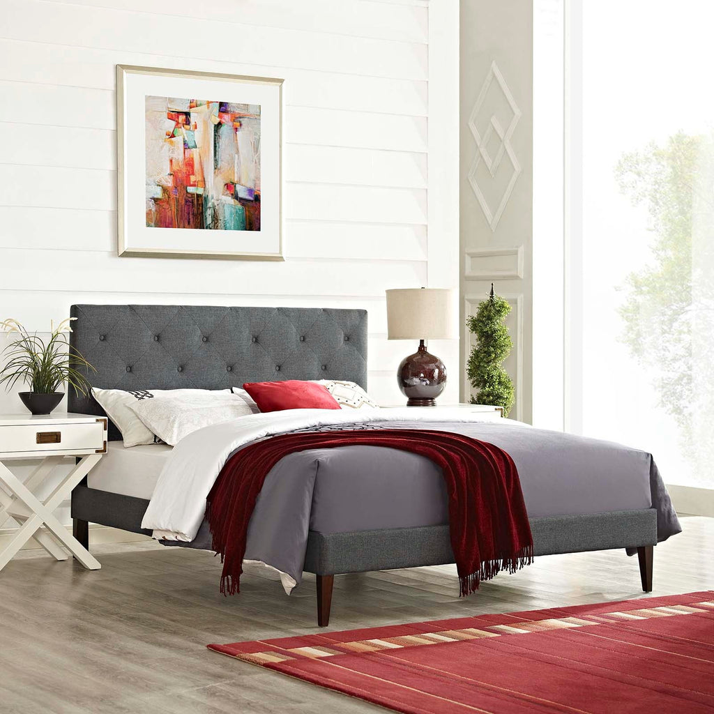 Tarah Queen Fabric Platform Bed with Squared Tapered Legs in Gray