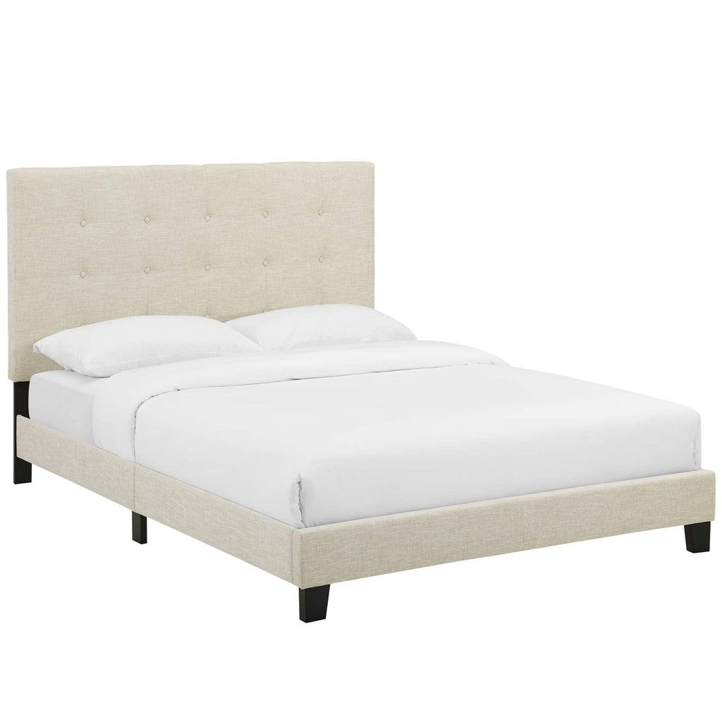 Melanie King Tufted Button Upholstered Fabric Platform Bed in Beige