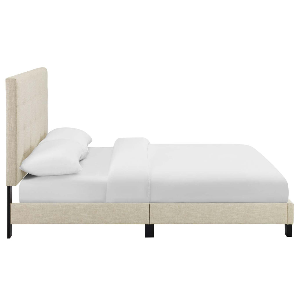 Melanie King Tufted Button Upholstered Fabric Platform Bed in Beige