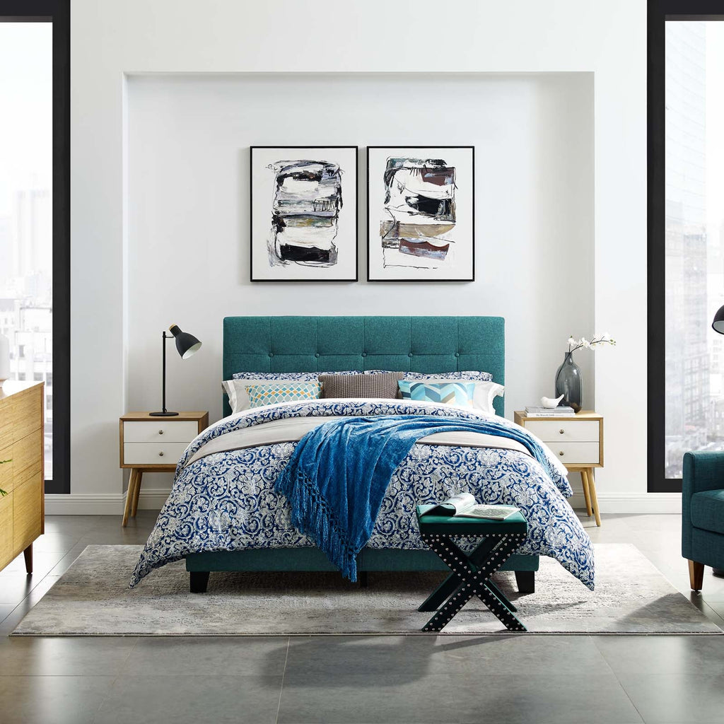 Amira Queen Upholstered Fabric Bed in Teal