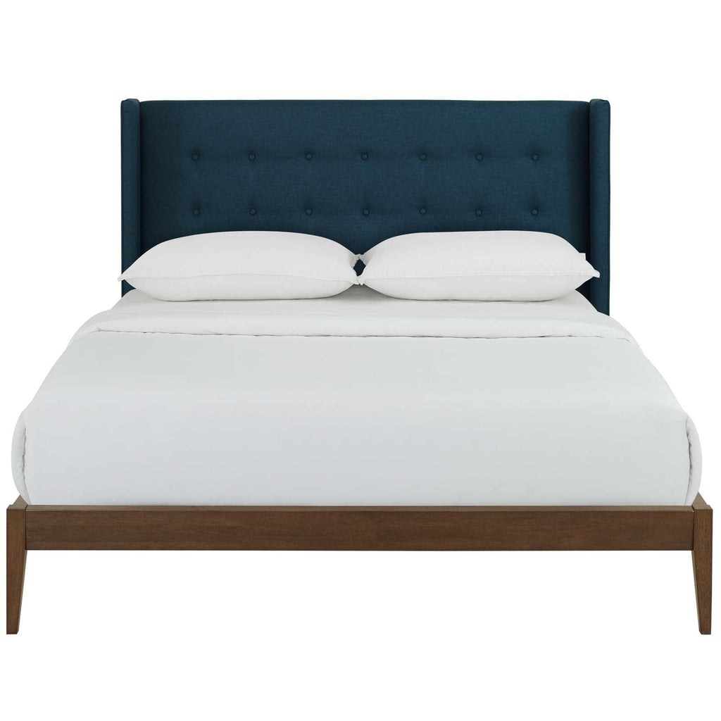 Hadley Queen Wingback Upholstered Polyester Fabric Platform Bed in Blue