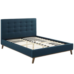 McKenzie Queen Biscuit Tufted Upholstered Fabric Platform Bed in Blue