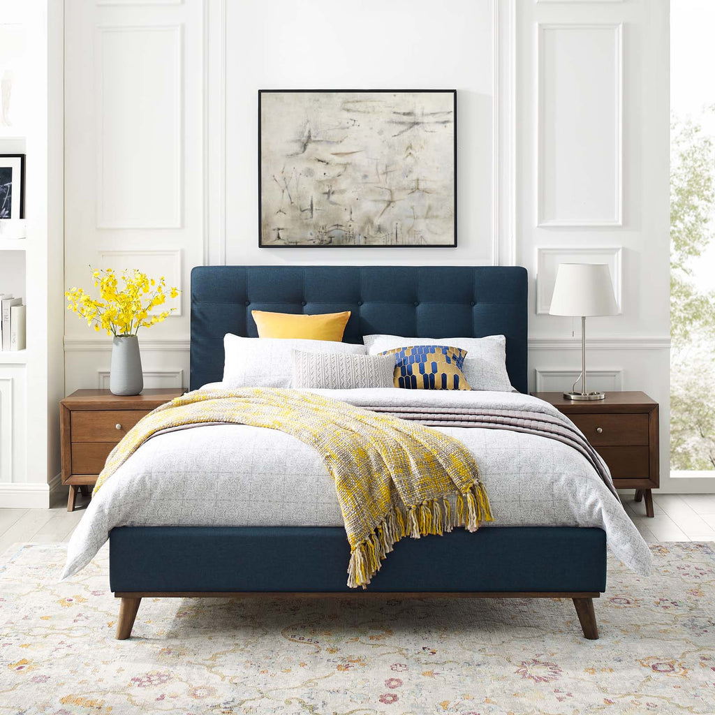 McKenzie Queen Biscuit Tufted Upholstered Fabric Platform Bed in Blue