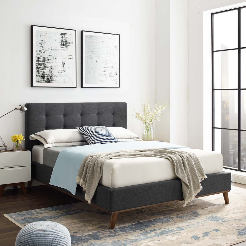 McKenzie Queen Biscuit Tufted Upholstered Fabric Platform Bed in Gray