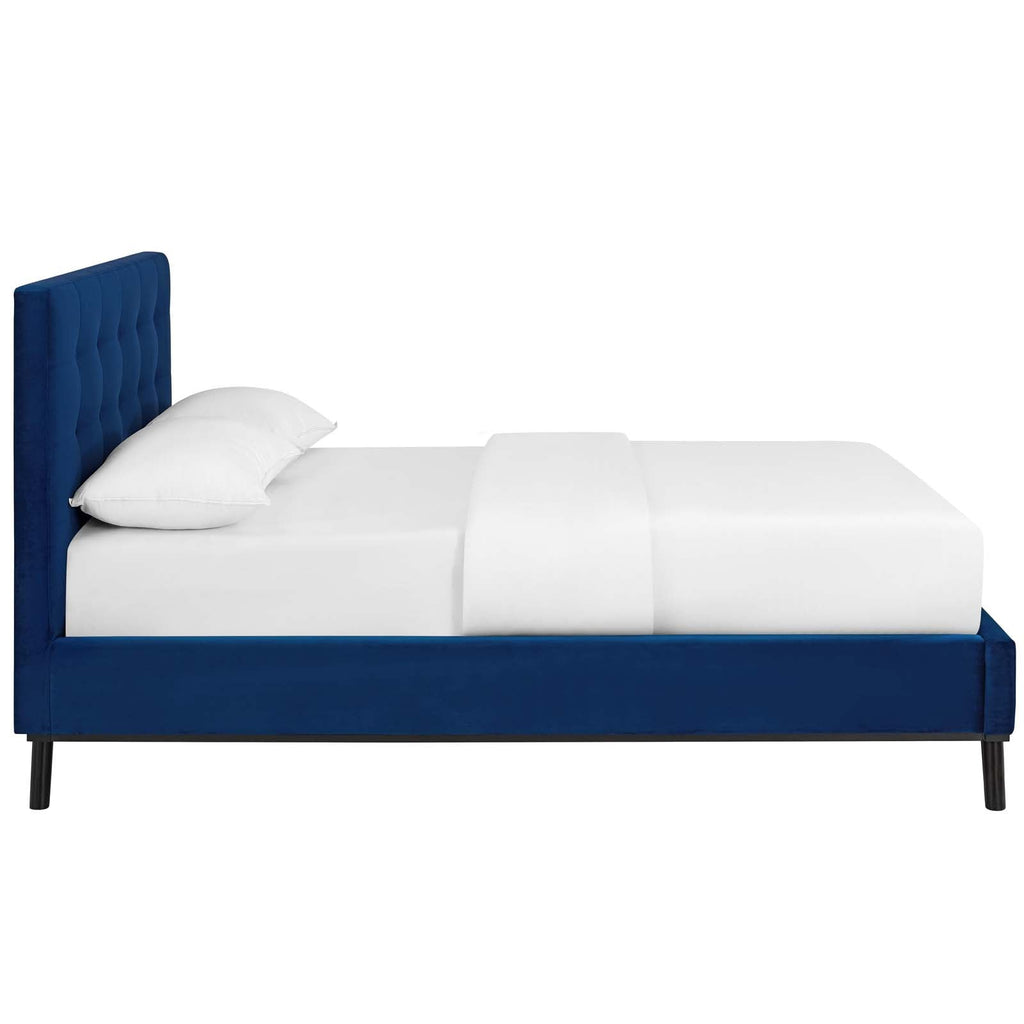 McKenzie Queen Biscuit Tufted Performance Velvet Platform Bed in Navy