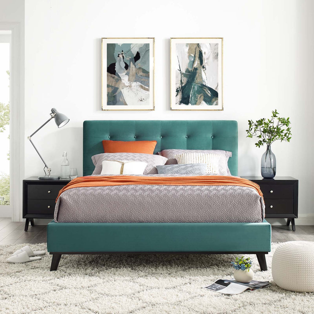 McKenzie Queen Biscuit Tufted Performance Velvet Platform Bed in Teal