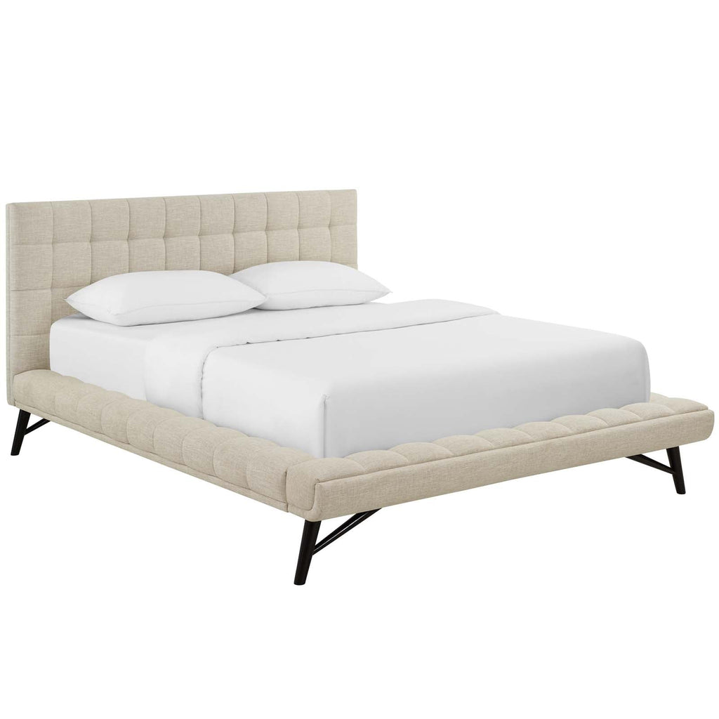 Julia Queen Biscuit Tufted Upholstered Fabric Platform Bed in Beige