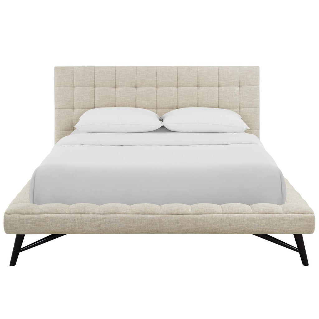 Julia Queen Biscuit Tufted Upholstered Fabric Platform Bed in Beige