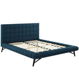 Julia Queen Biscuit Tufted Upholstered Fabric Platform Bed in Blue