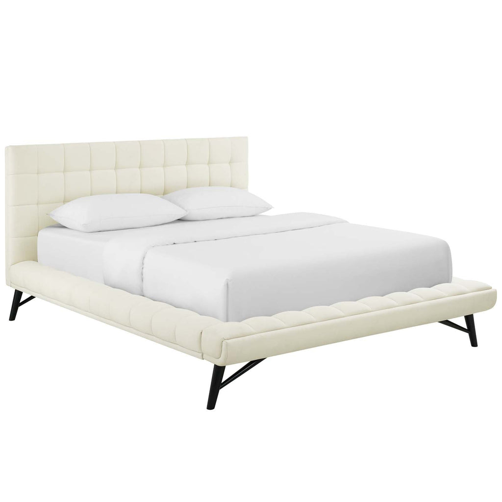 Julia Queen Biscuit Tufted Upholstered Fabric Platform Bed in Ivory