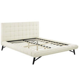 Julia Queen Biscuit Tufted Upholstered Fabric Platform Bed in Ivory