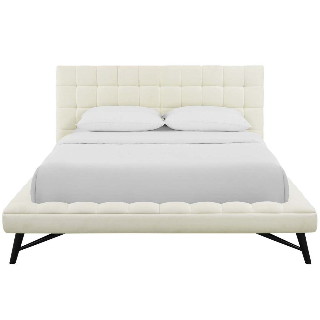 Julia Queen Biscuit Tufted Upholstered Fabric Platform Bed in Ivory