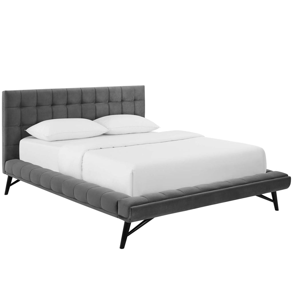 Julia Queen Biscuit Tufted Performance Velvet Platform Bed in Gray