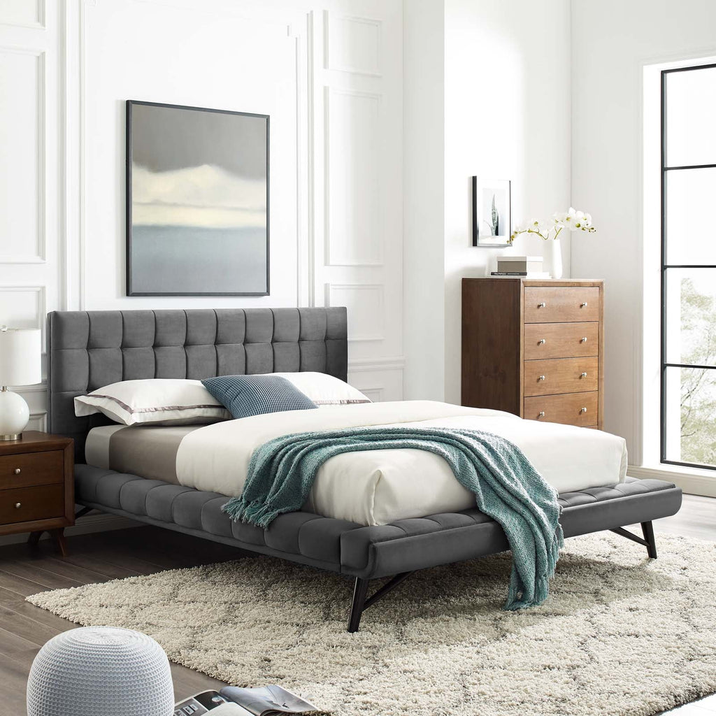 Julia Queen Biscuit Tufted Performance Velvet Platform Bed in Gray