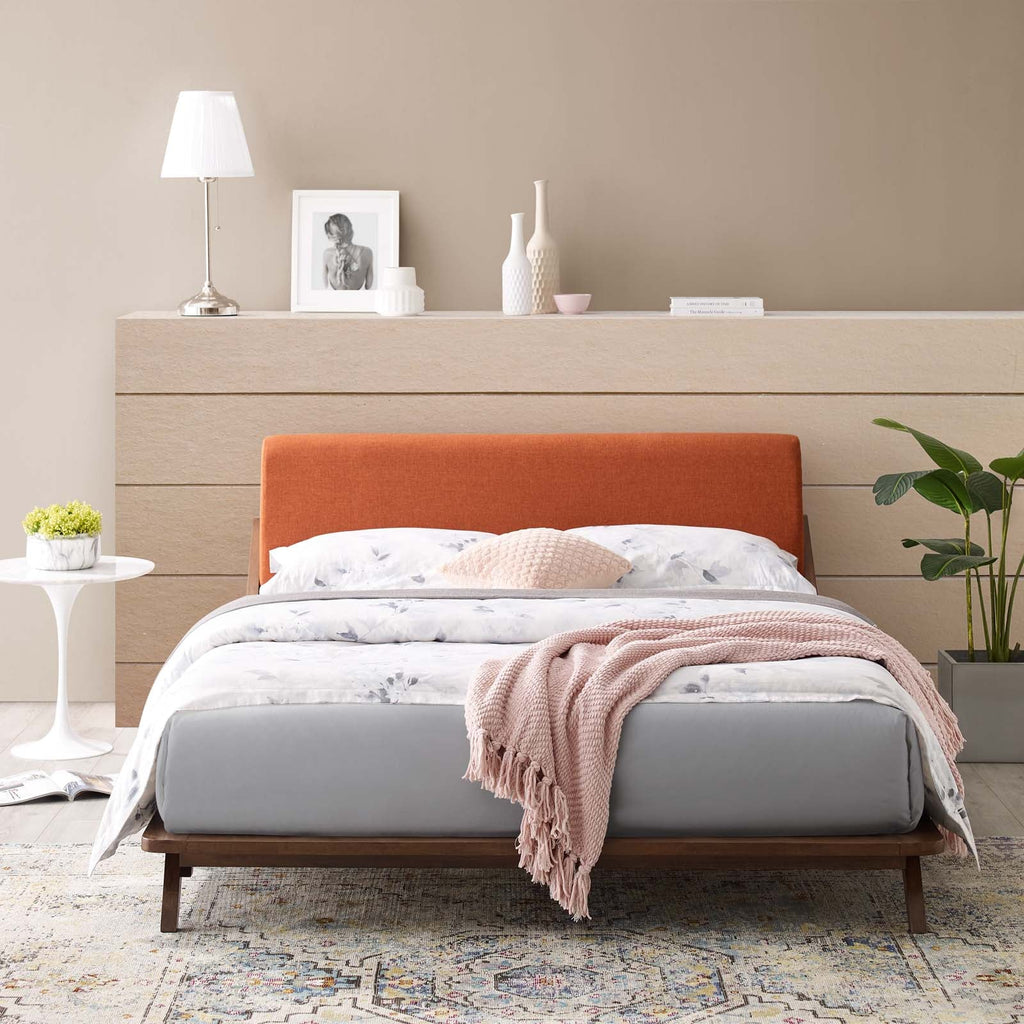 Luella Queen Upholstered Fabric Platform Bed in Walnut Orange