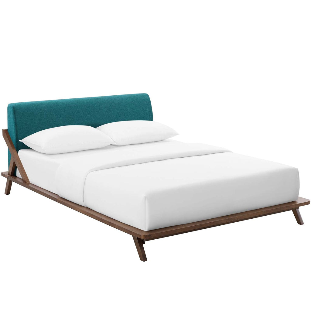 Luella Queen Upholstered Fabric Platform Bed in Walnut Teal