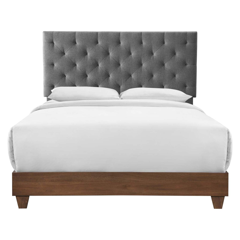 Rhiannon Diamond Tufted Upholstered Fabric Queen Bed in Walnut Gray