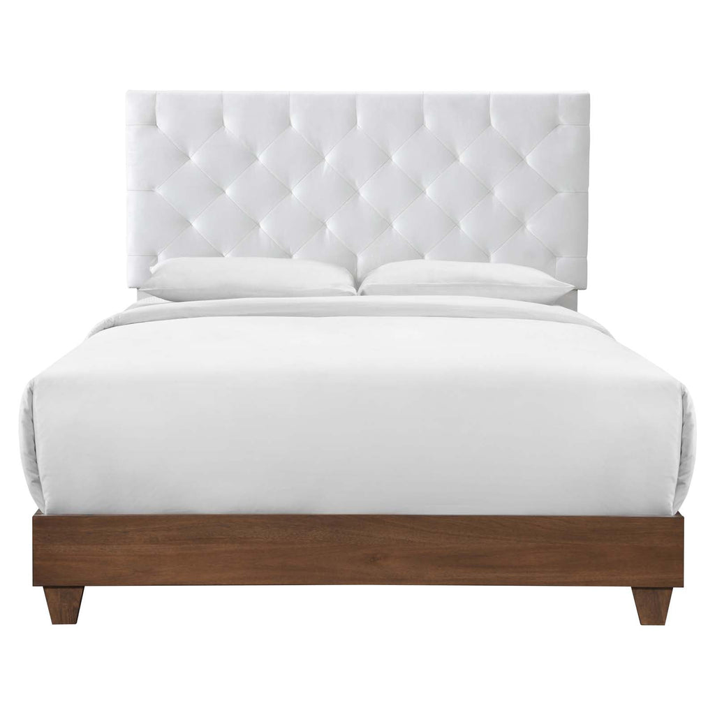 Rhiannon Diamond Tufted Upholstered Performance Velvet Queen Bed in Walnut White