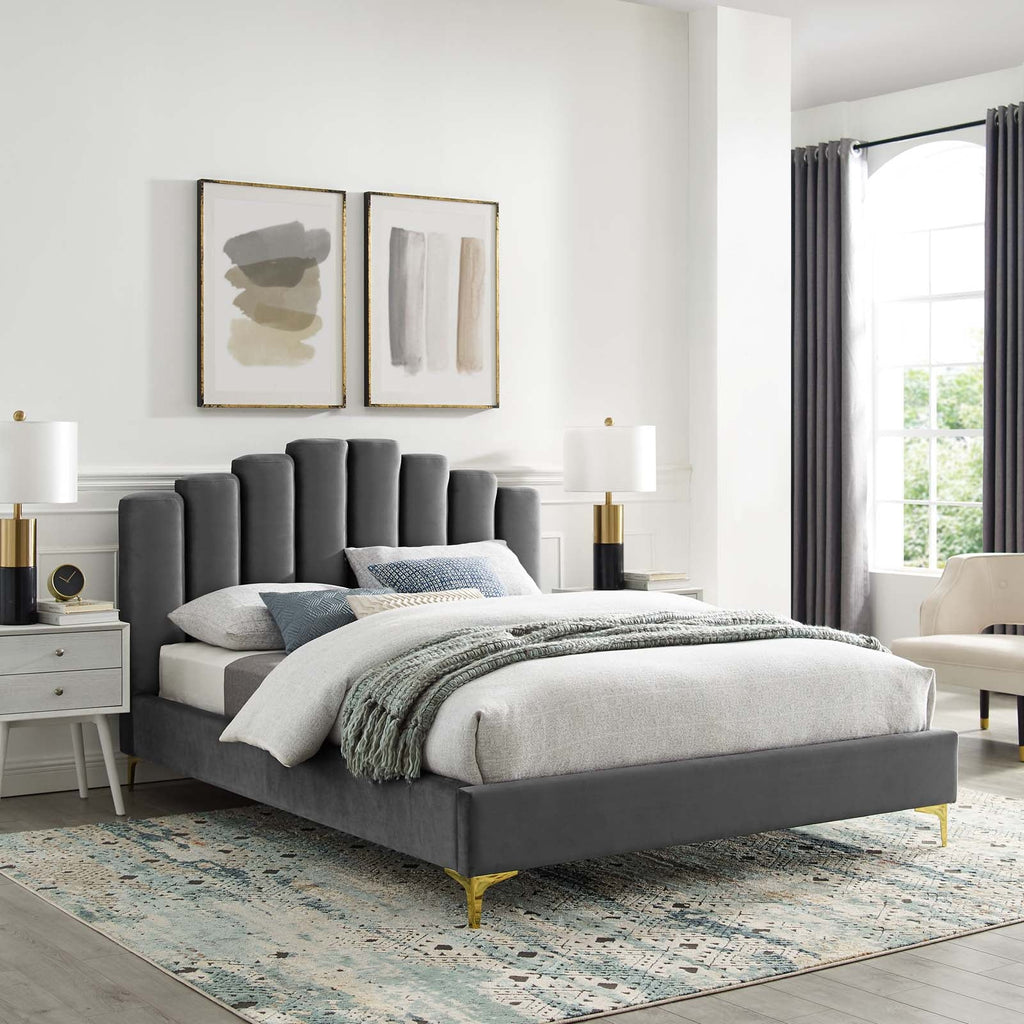 Olivia Queen Performance Velvet Platform Bed in Gray