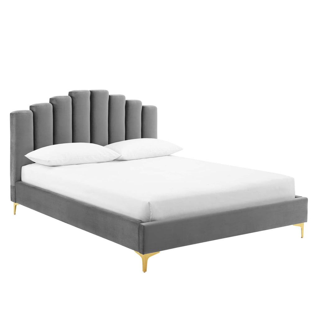 Olivia Queen Performance Velvet Platform Bed in Gray