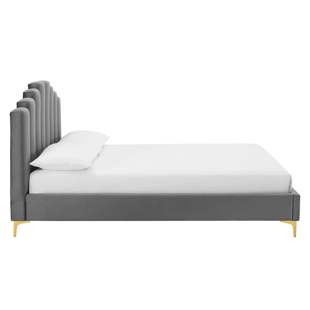 Olivia Queen Performance Velvet Platform Bed in Gray