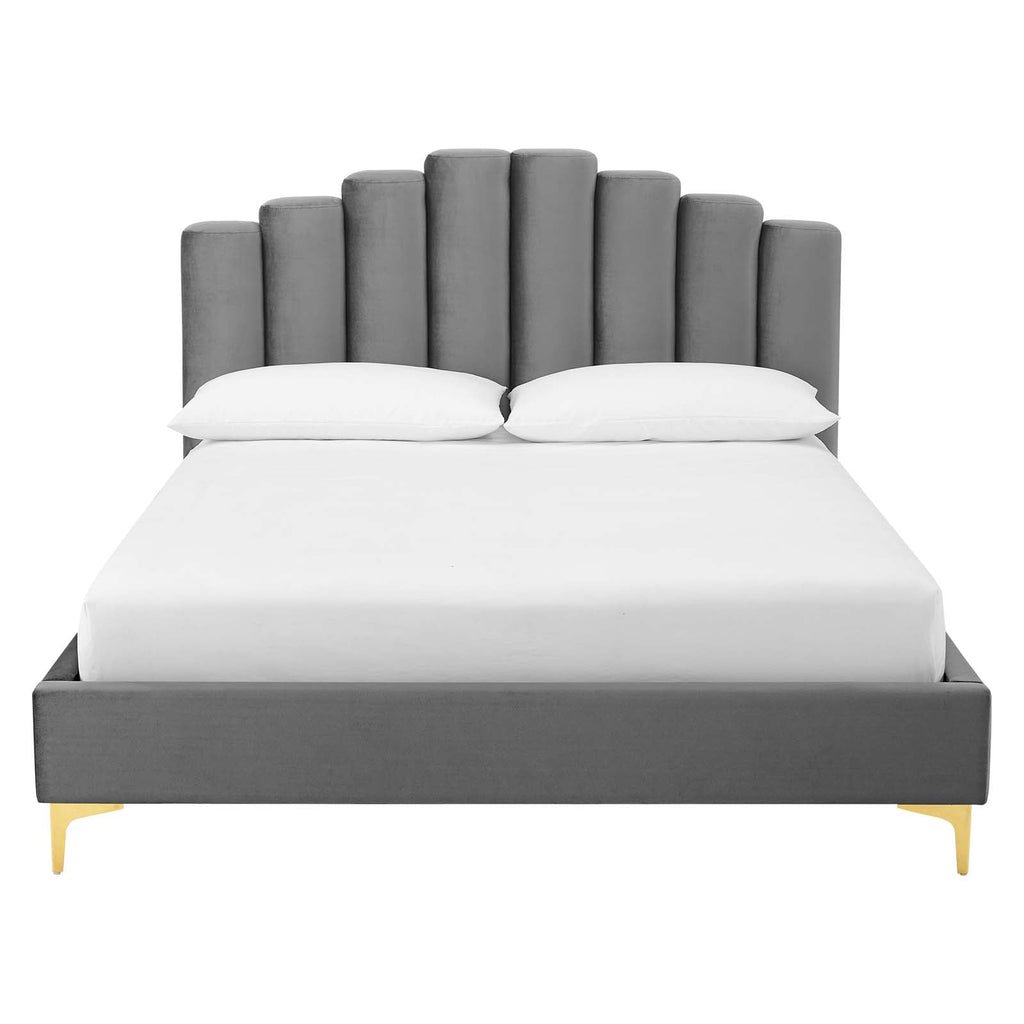 Olivia Queen Performance Velvet Platform Bed in Gray