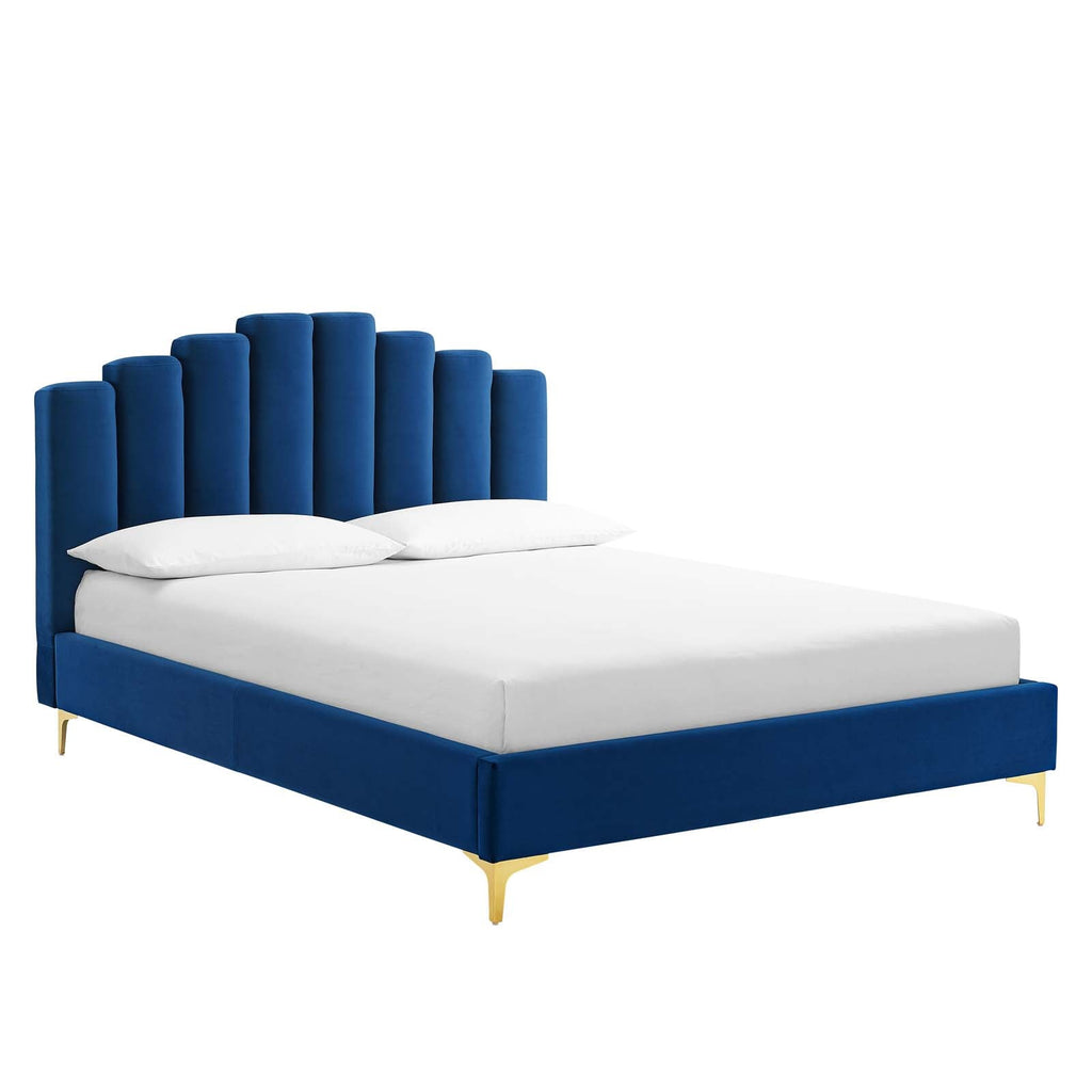 Olivia Queen Performance Velvet Platform Bed in Navy