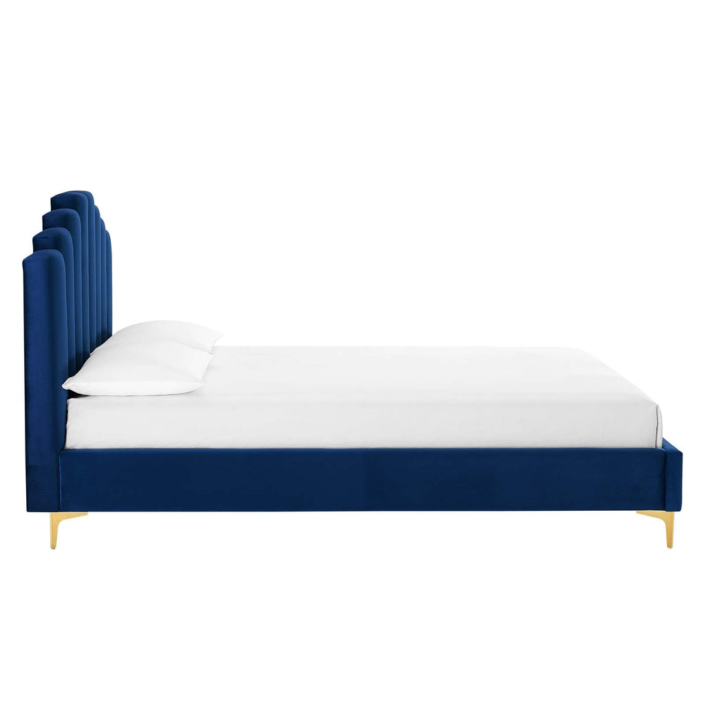 Olivia Queen Performance Velvet Platform Bed in Navy