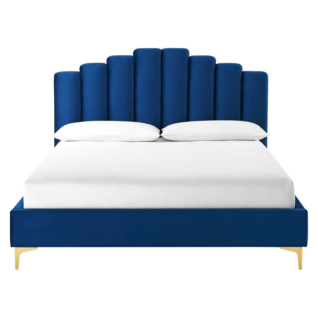 Olivia Queen Performance Velvet Platform Bed in Navy