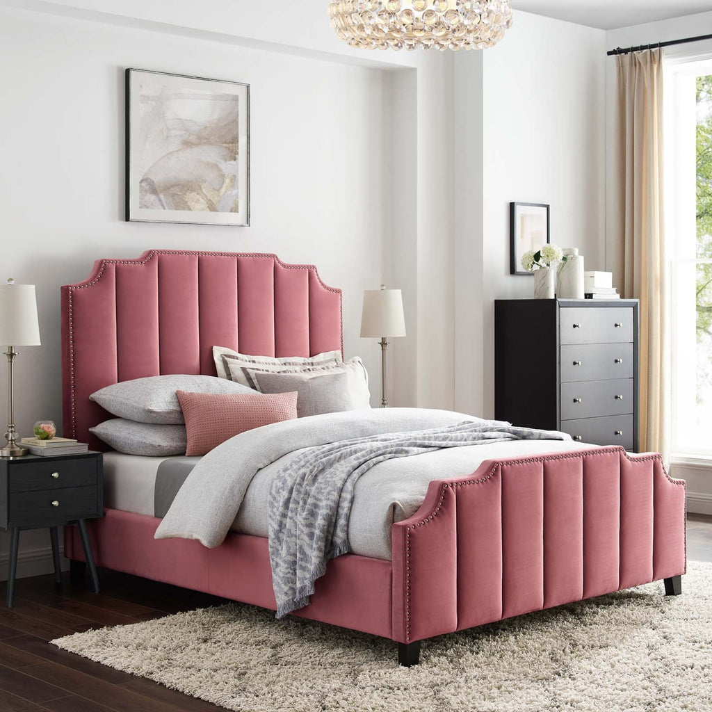 Lucille Queen Performance Velvet Platform Bed in Dusty Rose