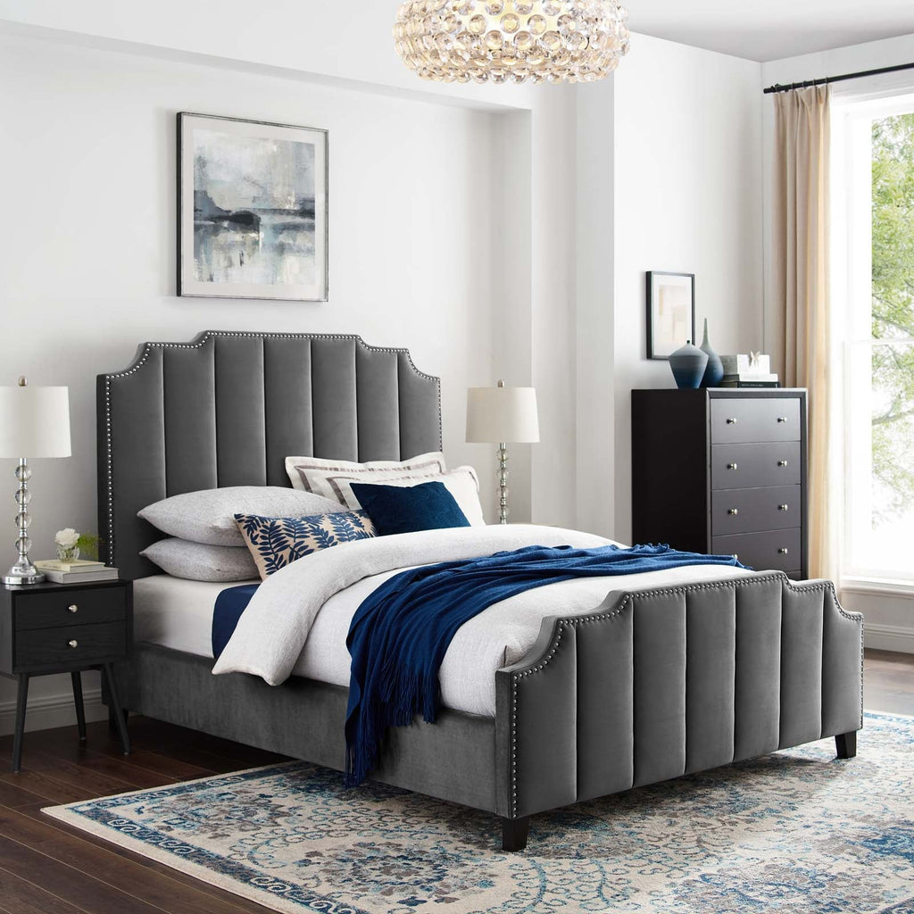 Lucille Queen Performance Velvet Platform Bed in Gray