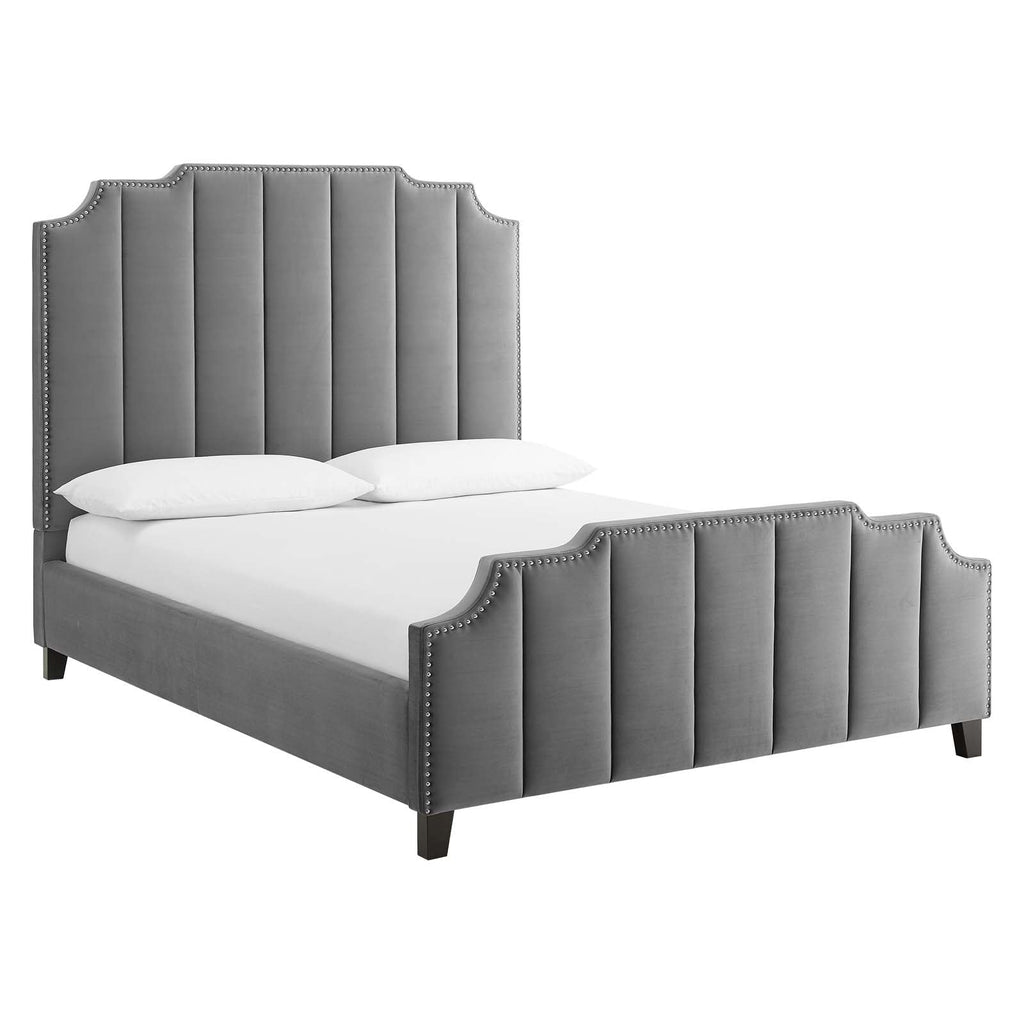 Lucille Queen Performance Velvet Platform Bed in Gray