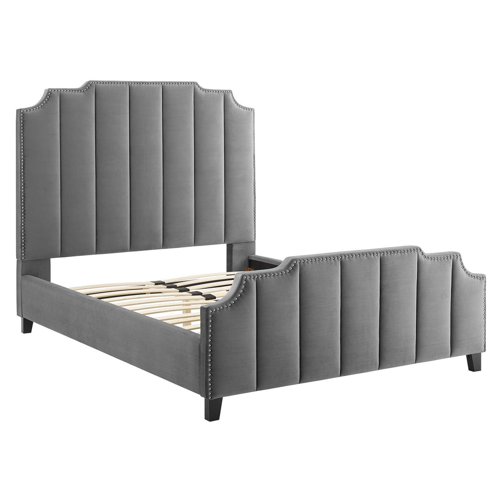 Lucille Queen Performance Velvet Platform Bed in Gray