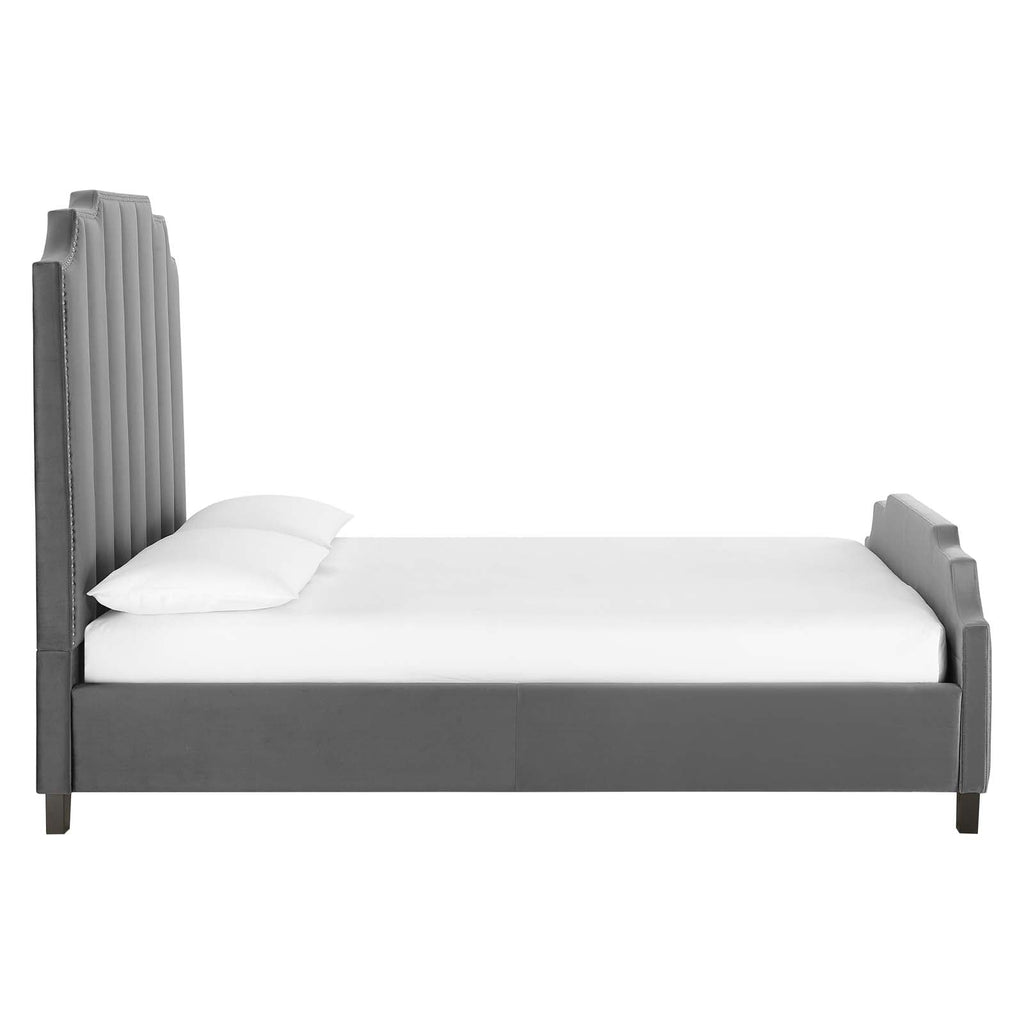 Lucille Queen Performance Velvet Platform Bed in Gray