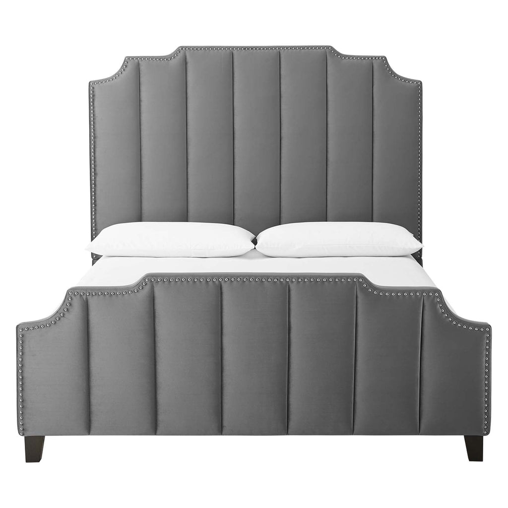 Lucille Queen Performance Velvet Platform Bed in Gray