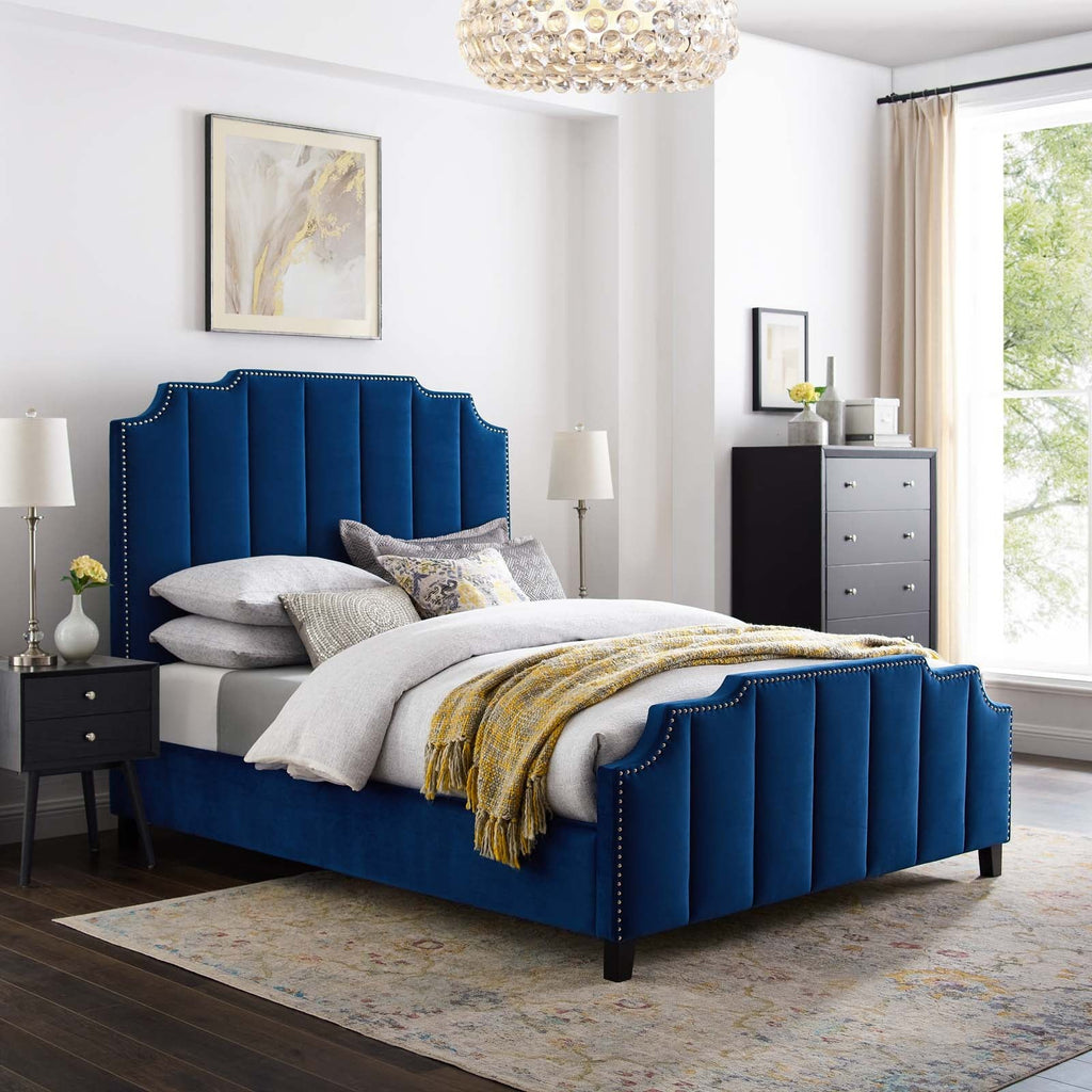 Lucille Queen Performance Velvet Platform Bed in Navy