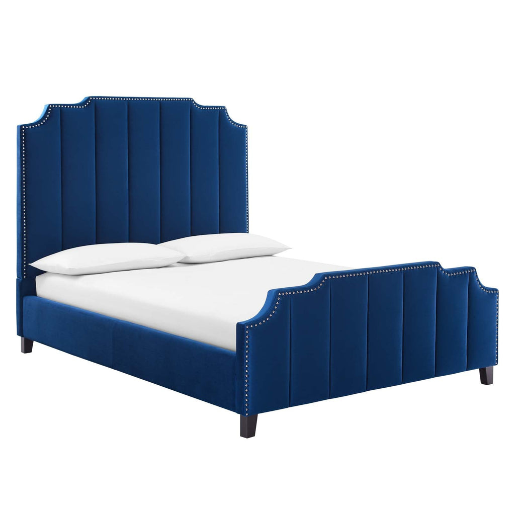 Lucille Queen Performance Velvet Platform Bed in Navy