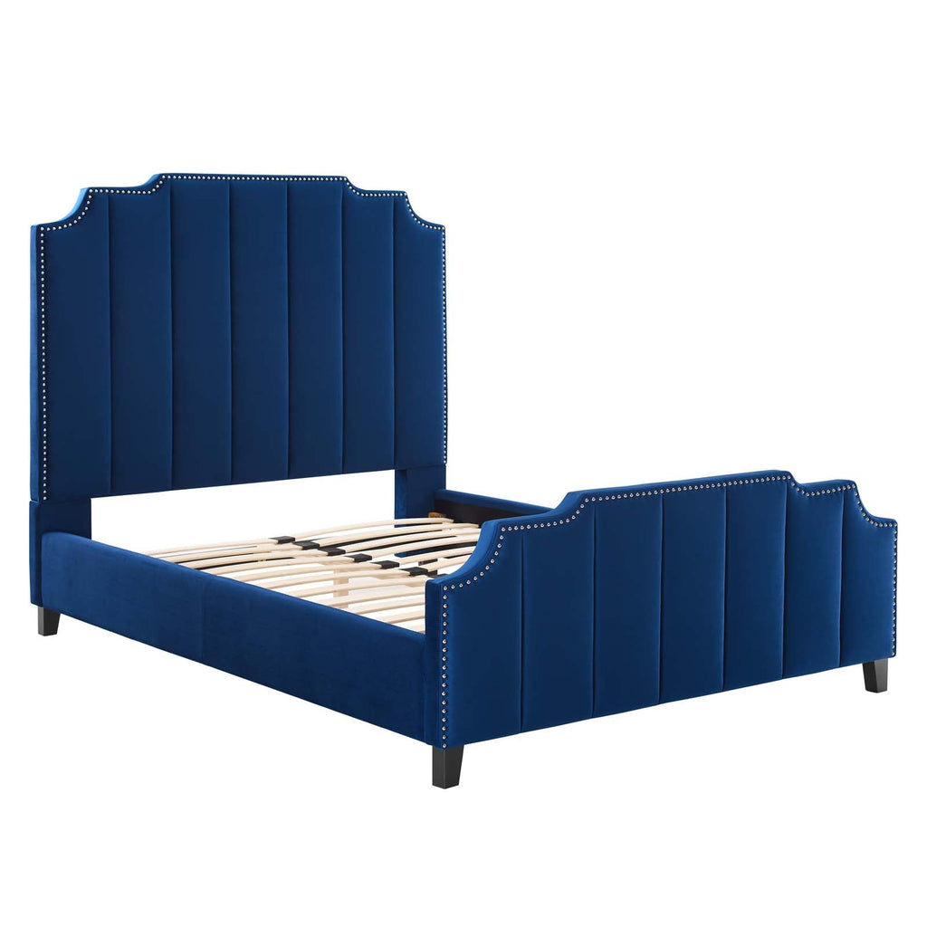 Lucille Queen Performance Velvet Platform Bed in Navy