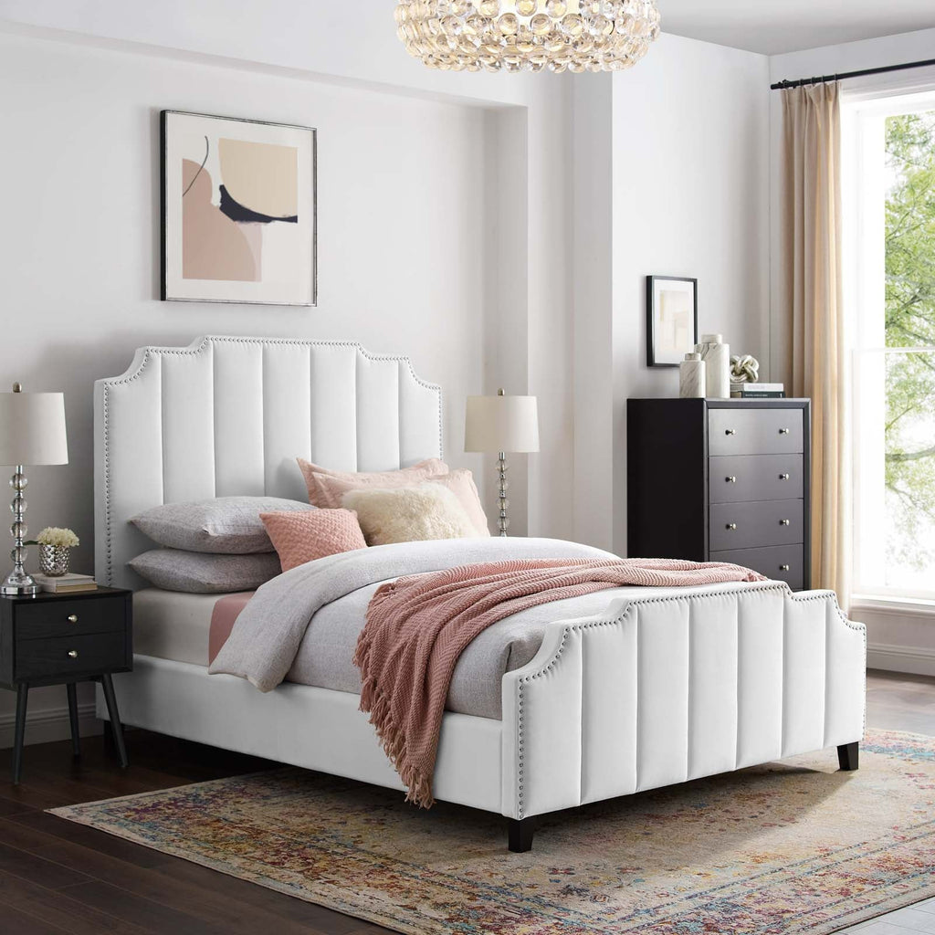 Lucille Queen Performance Velvet Platform Bed in White