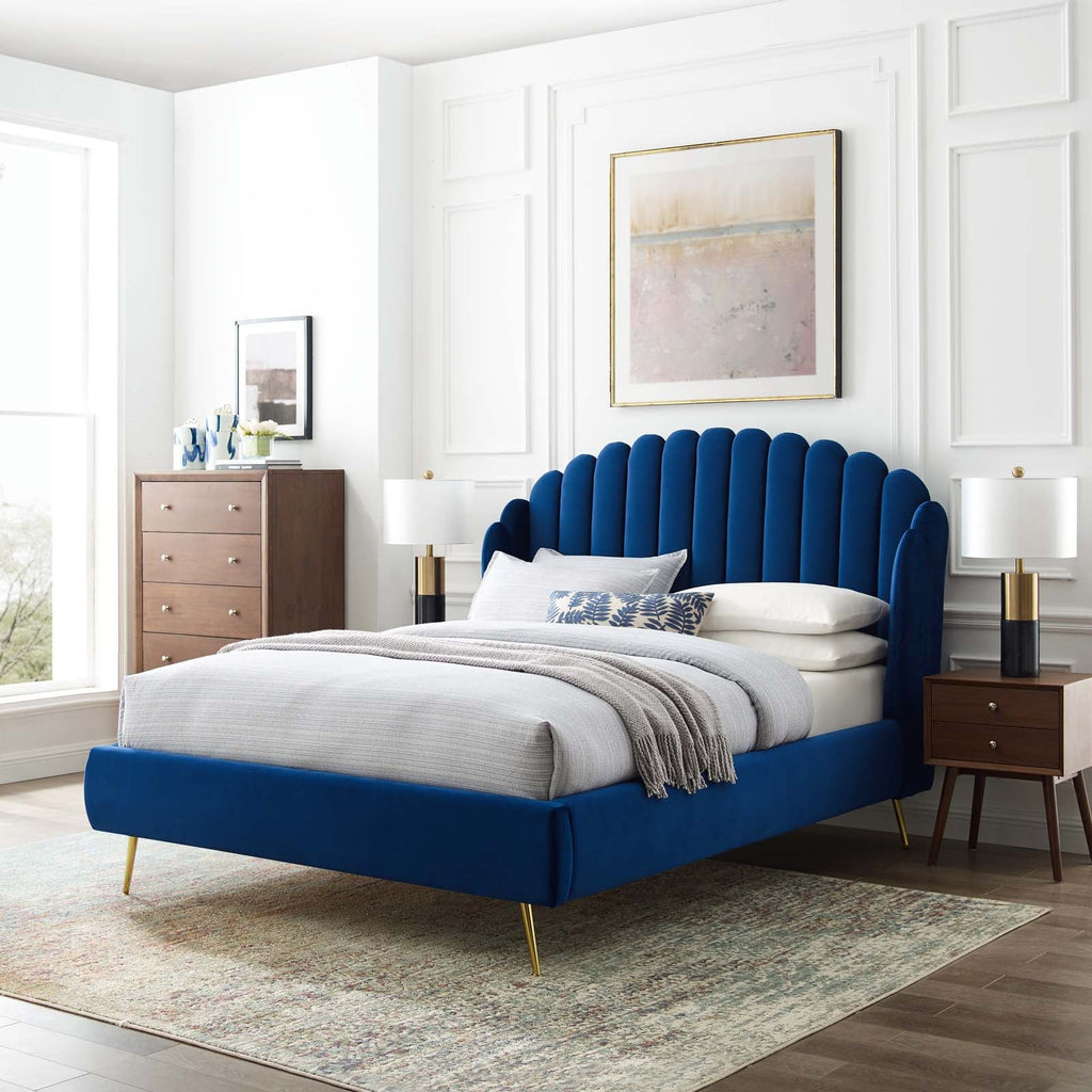 Lana Queen Performance Velvet Wingback Platform Bed in Navy