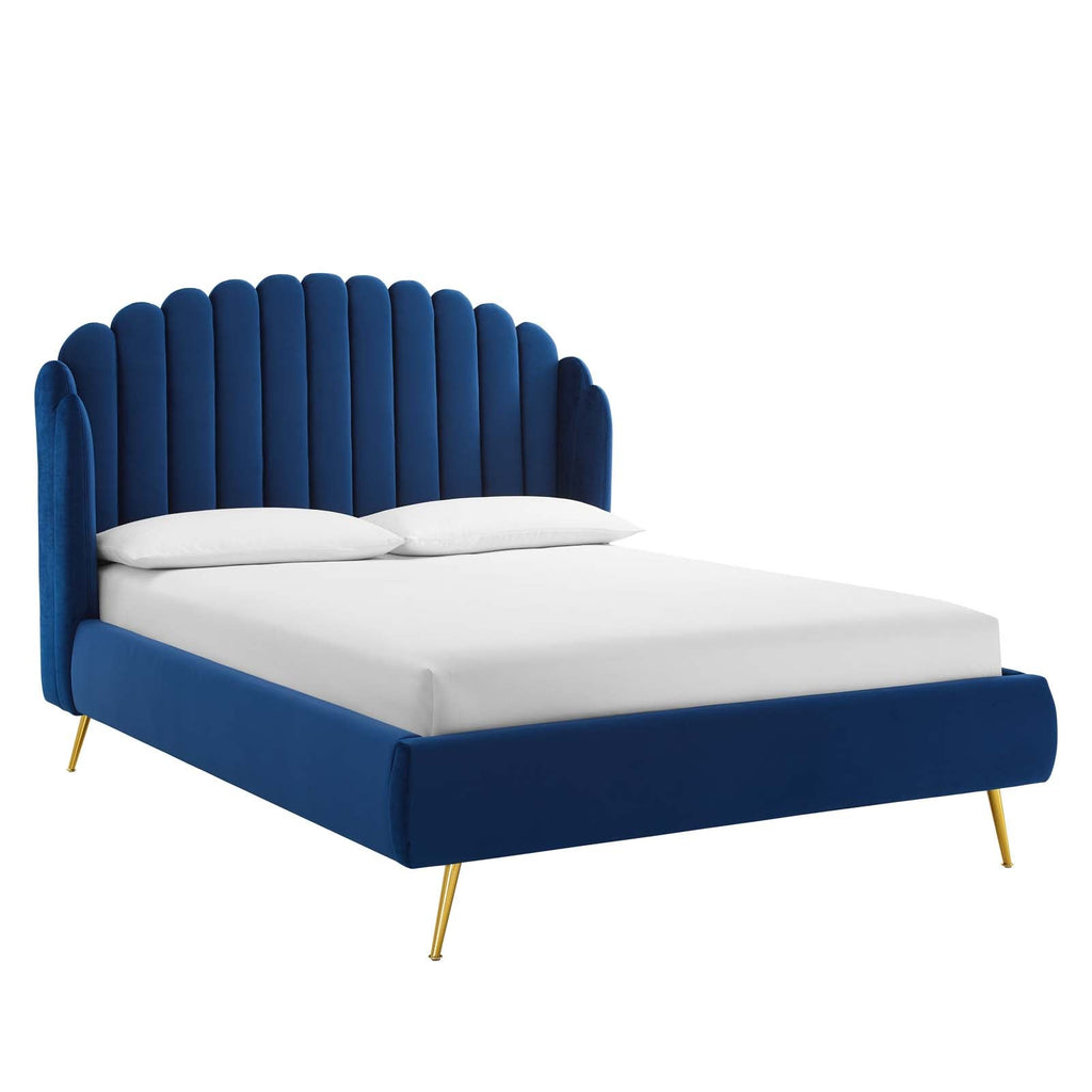 Lana Queen Performance Velvet Wingback Platform Bed in Navy